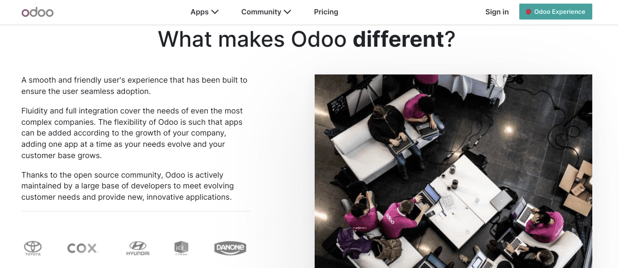 The 'About Us' page of Odoo, describing what makes this company stand out from its competitors The 'About Us' page of Odoo, describing what makes this company stand out from its competitors